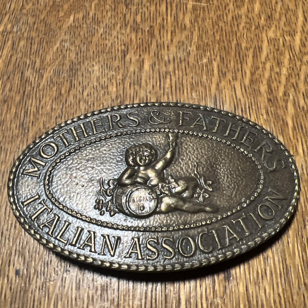 Vintage OLD BRASS Belt Buckle MOTHERS & FATHERS ITALIAN ASSOCIATION ITALY SICILY